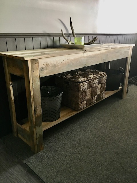 Wood hall or entryway table with bottom shelf for storage