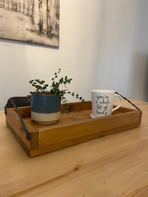 Wood serving trays with twisted metal handles