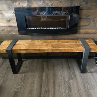 Sturdy wood bench with black metal legs 56 inches